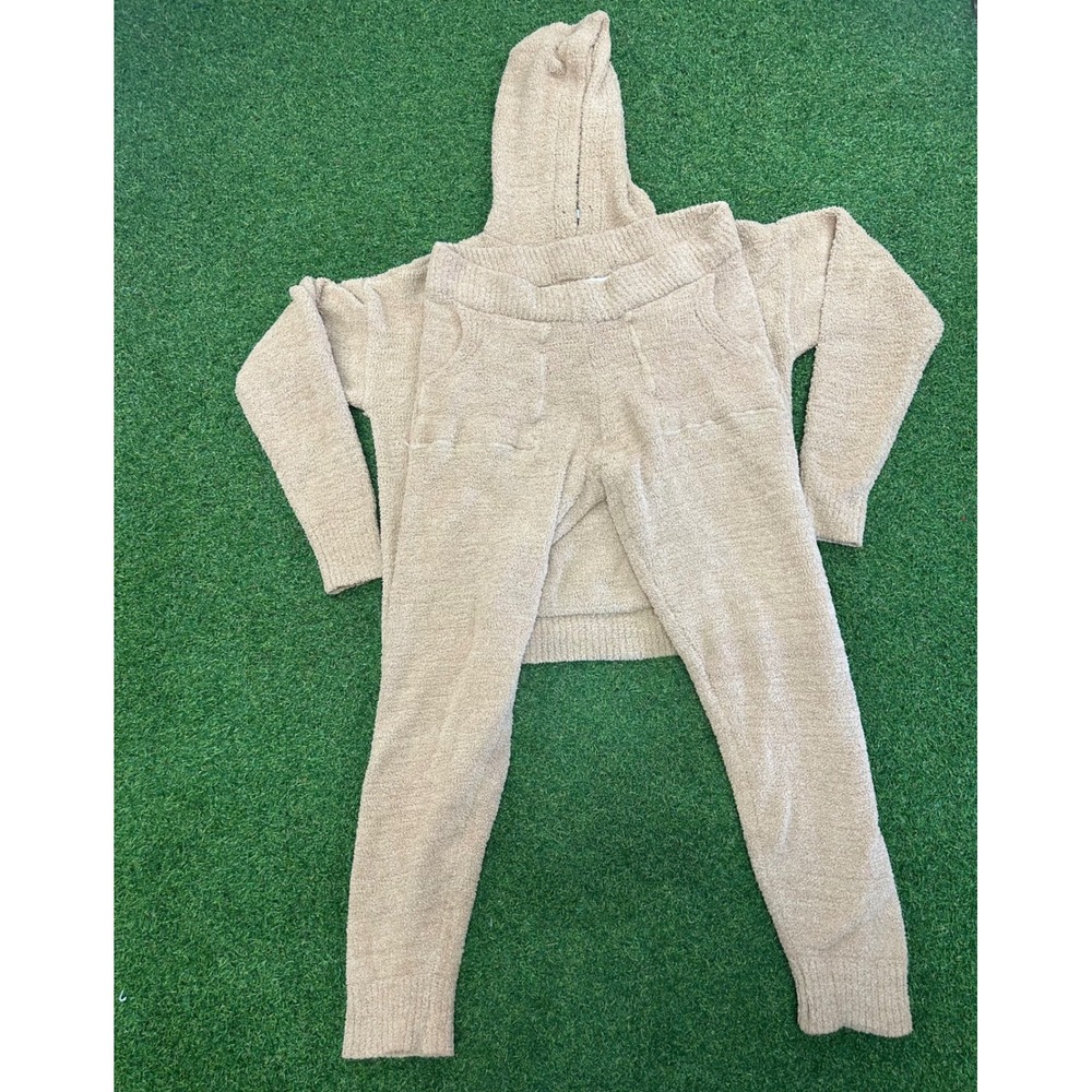 Rose + Vine Womens Tan Fuzzy Popcorn Knit Hoodie and Jogger Lounge Set L-XL